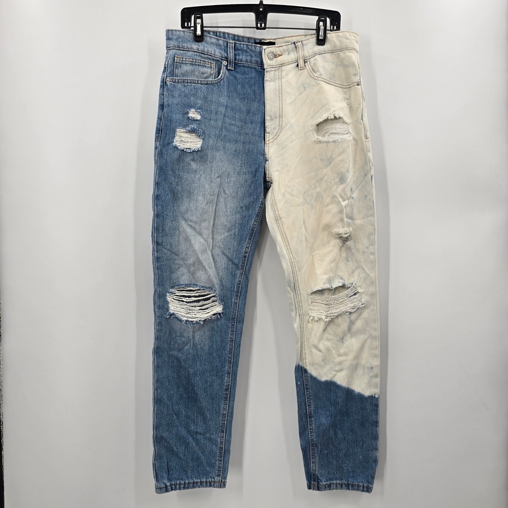 Forever 21 Jeans Mens 33 Slim Fit Colorblock Distressed Jeans Blue White Grunge
